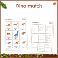 Forside til Dinosaur - for de små - Dino-match, med et ark billedkort og et ark tekstkort