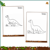To farvelægningssider med optegnede dinosaurer i sort-hvid