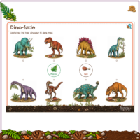 Dino-føde-arket med otte dinosaurer omkring en cirkel med planter og en cirkel med kød