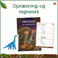 Forside til Dinosaur - for de små - Oplæsning og tegneark, med oplæsningshæftets omslag og et tegneark ved siden af