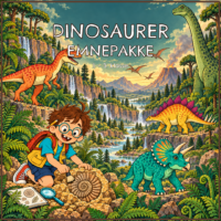 Forside til emnepakken Dinosaurer til indskolingen med en langhalset dinosaur og materialer fra pakken