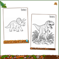 To farvelægningssider med en Triceratops og en T. rex i streg