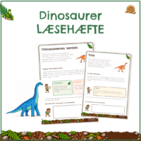 Forside til Dinosaurer læsehæfte med en blå langhalset dinosaur og to af hæftets sider vist ved siden af