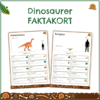 Forside til Dinosaurer faktakort med kortene Plateosaurus og Eoraptor, hver med en menneskesilhuet ved siden af dinosauren