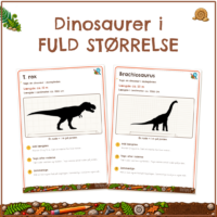 Forside til Dinosaurer i fuld størrelse med målekortene for T. rex og Brachiosaurus, hvor silhuetterne står på et gitter