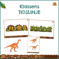 Forside til Klassens tidslinje med periodeskiltene Jura og Kridt og tre dinosaurudklip