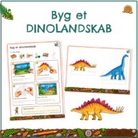 Forside til Byg et dinolandskab med guiden og to udklipsark med en gul Stegosaurus og en blå langhalset dinosaur