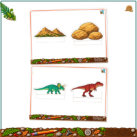 Udklipsark med bjerge, sten, et træ og bregner samt en Triceratops og en T. rex med brede bukkefødder