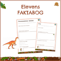 Forside til Elevens faktabog med en orange dinosaur og to tomme emnesider vist ved siden af