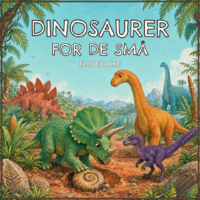 Forside til Dinosaurer - for de små - Emnepakke, med Stegosaurus, Triceratops, en langhalset dinosaur og en lille rovdinosaur i et frodigt urtidslandskab
