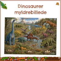 Forside til Dinosaurer - for de små - Myldrebillede, med den illustrerede dinosaurscene