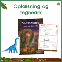 Forside til Dinosaurer - for de små - Oplæsning og tegneark, med oplæsningshæftets omslag og et tegneark ved siden af