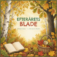 Forside til emnepakken Efterårets blade med en åben bog i en efterårsskov, en kurv med kastanjer og en lup