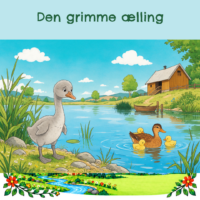 Forside til Den grimme ælling med en stor grå svaneunge på søbredden, mens en andemor og tre gule ællinger svømmer forbi