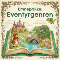 Forside til emnepakken Eventyrgenren med en opslået bog, hvor et slot, Rødhætte, de tre bukkebruse, en trold, en frø og en prinsesse rejser sig op af siderne