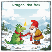 Forside til Dragen, der frøs, hvor en grøn drage med rødt tørklæde rækker hånden frem mod en dværg i snelandskab med bjerge