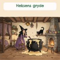 Forside til Heksens gryde med en forskrækket heks i et bondekøkken, hvor grøden koger over kanten af en stor sort gryde