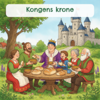 Forside til Kongens krone, hvor kongen deler brød og suppe med syv mennesker ved et langbord foran slottet