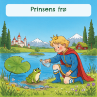 Forside til Prinsens frø, hvor en prins i blå kappe hælder vand til en grøn frø på et åkandeblad ved søen foran slottet