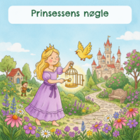 Forside til Prinsessens nøgle med en prinsesse i lilla kjole, der åbner et gyldent fuglebur, mens en gul fugl flyver ud