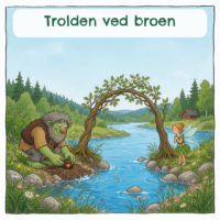 Forside til Trolden ved broen med en lodden trold ved flodbredden og en fe på den anden side, hvor broen er faldet sammen