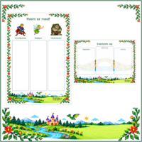 Arket Hvem er med? med tre tomme felter til hovedperson, hjælper og modstander, ved siden af arket Eventyrets vej med en bro i tre trin