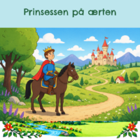 Forside til Prinsessen på ærten med en prins i krone på en brun hest på vejen op mod et stort slot med røde tårne
