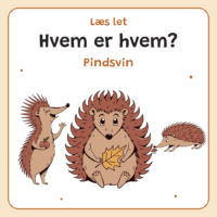 Produktforside til LæsLet - Hvem er hvem? - Pindsvin. Øverst står Læs let, Hvem er hvem? og Pindsvin. Nedenunder står tre tegnede pindsvin: ét sidder med et gult blad i poterne, ét står på to ben med et rødt æble, og ét snuser til en lille brun svamp.