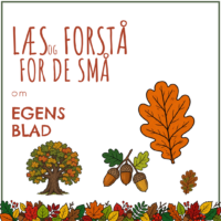 Forside til hæftet om egens blad med et stort egeblad med runde lapper, et egetræ og agern med skål
