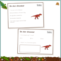 Opslaget En stor dinosaur med den korte faktatekst øverst og opgavesiden nedenunder, hvor barnet sætter kryds og tegner T. rex