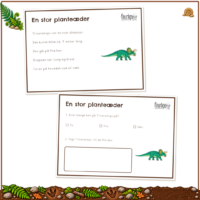 Opslaget En stor planteæder med den korte faktatekst øverst og opgavesiden nedenunder, hvor barnet sætter kryds og tegner Triceratops
