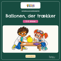 Forside til Naturfaglige eksperimenter - Ballonen, der trækker til 2.-3. klasse, hvor Fin holder en gul ballon over små stykker papir på et bord, mens Fif ser til
