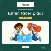 Forside til Naturfaglige eksperimenter - Luften tager plads til 1.-2. klasse, hvor Fin og Fif sænker en klar kop ned i en balje med vand