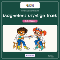 Forside til Naturfaglige eksperimenter - Magnetens usynlige træk til 2.-3. klasse, hvor Fin holder en rød magnet mod en papirstak, som Fif holder vandret