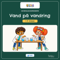 Forside til Naturfaglige eksperimenter - Vand på vandring til 1.-2. klasse, hvor Fin og Fif i hvide kitler står ved fire kopper med blåt vand og to broer