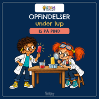 Forside til Opfindelser under lup om is på pind, hvor Fin og Fif i hvide kitler ser med lup på en ispind og et glas saft med en pind i
