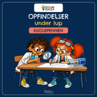 Forside til Opfindelser under lup om kuglepennen, hvor Fin og Fif i hvide kitler sidder ved et skrivebord og ser på en stor kuglepen med lup