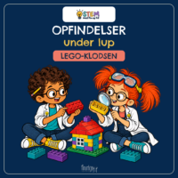 Forside til Opfindelser under lup om LEGO-klodsen, hvor Fin og Fif i hvide kitler ser på knopperne på to LEGO-klodser med lup ved et bygget hus