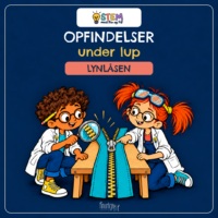 Forside til Opfindelser under lup om lynlåsen, hvor Fin og Fif i hvide kitler undersøger en stor lynlås på et bord med lup