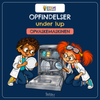 Forside til Opfindelser under lup om opvaskemaskinen, hvor Fin og Fif i hvide kitler står ved en åben opvaskemaskine og ser ind i kurvene med lup