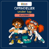 Forside til Opfindelser under lup om plasteret, hvor Fin og Fif i hvide kitler ser på et stort plaster med lup ved en åben førstehjælpskasse