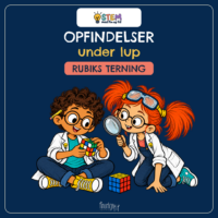 Forside til Opfindelser under lup om rubiks terning, hvor Fin og Fif i hvide kitler ser med lup på de drejelige sider af to Rubiks terninger