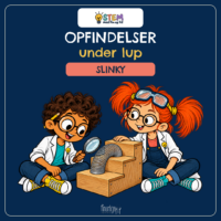 Forside til Opfindelser under lup om Slinky, hvor Fin og Fif i hvide kitler ser med lup på en fjeder, der er på vej ned ad en trappe af træ