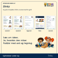 Oversigt over hele minipakken om Slinky: læseside A, læseside B, opgaveark, plakat og lærerside