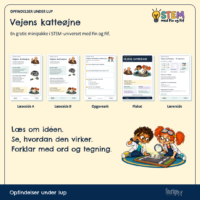Oversigt over hele minipakken om vejens katteøjne: læseside A, læseside B, opgaveark, plakat og lærerside