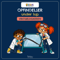 Forside til Opfindelser under lup om vinduesviskeren, hvor Fin og Fif i hvide kitler ser på gummibladet på en vinduesvisker ved en våd bilrude med lup