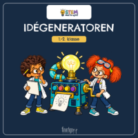 Forside til STEM med Fin og Fif - Idégeneratoren, hvor Fin og Fif i hvide kitler står ved en turkis idémaskine med en stor lysende pære og et håndsving