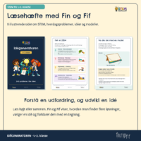 Opslag fra læsehæftet med forsiden og to indersider: siden om de fire STEM-områder og siden om at vise sin idé med en model