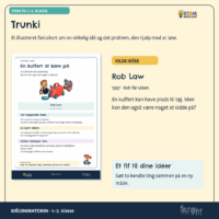 Faktakortet om Trunki og Rob Law fra 1997, hvor en kuffert med hjul også er noget, et barn kan sidde på og skubbe sig frem med
