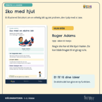 Faktakortet om sko med hjul og Roger Adams fra 1999, hvor et hjul i hælen gør, at skoen både kan bruges til at gå og til at rulle
